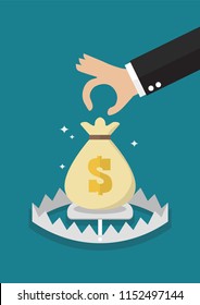 Hand try to pick up money in the trap. Finance risk concept Vector illustration