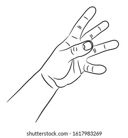 Hand try to reach something from the contour black brush lines different thickness on white background. Vector illustration.