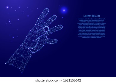 Hand try to reach something from futuristic polygonal blue lines and glowing stars for banner, poster, greeting card. Vector illustration.