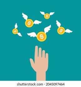 Mano tratando de atrapar monedas de oro en dólares con alas. Ilustración plana vectorial en azul. Dar, recibir, tomar, ganar dinero. Éxito financiero, salario, inversión, dividendo. Moneda, pago