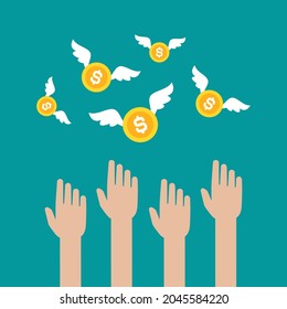 Hand trying to catch gold dollar coins with wings. Vector flat illustration on blue. Give, receive, take, earn money. Financial success, salary, investment, dividend. Currency, pay