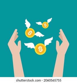 Mano tratando de atrapar monedas de oro en dólares con alas. Ilustración plana vectorial en azul. Dar, recibir, tomar, ganar dinero. Éxito financiero, salario, inversión, dividendo. Moneda, pago