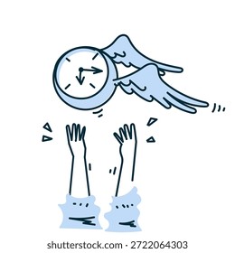mão tentando obter o relógio voador com asas ilustração rabiscar desenho desenhado à mão