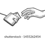 Hand is trying to grab catch purse wallet with money on rope string sketch engraving vector illustration. Scratch board style imitation. Black and white hand drawn image.