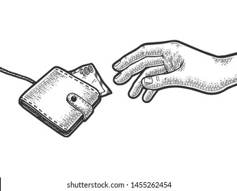 Hand is trying to grab catch purse wallet with money on rope string sketch engraving vector illustration. Scratch board style imitation. Black and white hand drawn image.