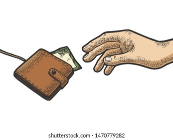 Hand is trying to grab catch purse wallet with money on rope string color sketch engraving vector illustration. Scratch board style imitation. Black and white hand drawn image.