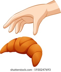 Hand trying to grab croissant on white background illustration