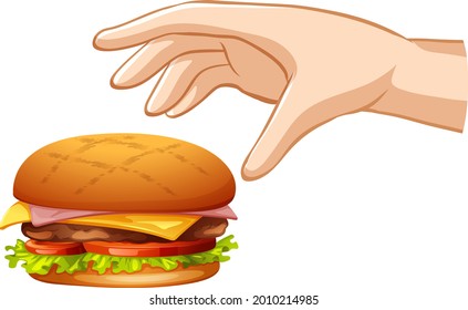 Hand, die versucht, einen Hamburger auf weißem Hintergrund zu schnappen