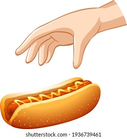 Hand trying to grab sausage sandwich on white background illustration