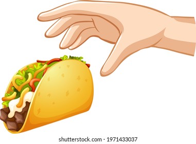 Hand Trying To Grab Taco On White Background Illustration