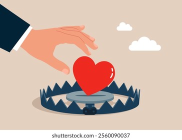 Hand is trying to take red heart above metal bear trap. Heal heart broken or divorce and relationship problem. Flat vector illustration