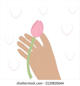 Hand with a tulip on a pink background. Flat style.