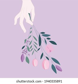 Hand with tulips and flowers vector illustration
