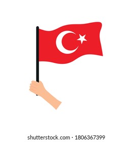 hand with turkey flag icon over white background, flat style, vector illustration