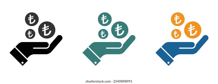 Hand and Turkish lira coins dropping flat icons set