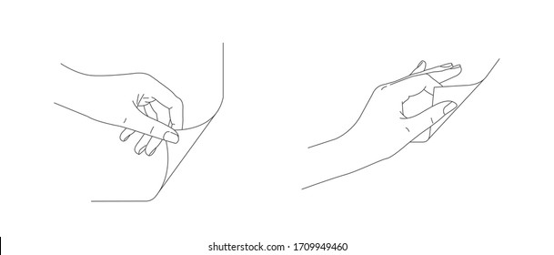 Hand Turn Or Fold The Corner Of The Page, Line Illustration Of Human Hands In Motion Gesture Set