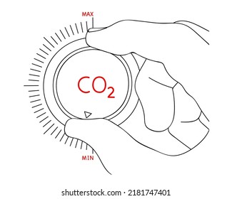 Perilla de giro manual para reducir los niveles de CO2. Disminuir las emisiones de CO2 para limitar el calentamiento global y el cambio climático. Concepto para reducir los niveles de CO2. Contexto editable dibujado a mano. Vector