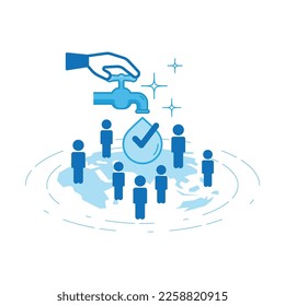 Hand turn on tap, clean water drop with check mark falling into global map and people symbol. Clean water is a human right concept. Vector illustration outline flat design style. 