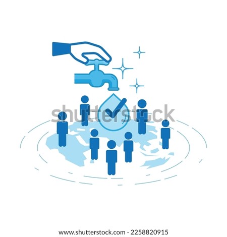 Hand turn on tap, clean water drop with check mark falling into global map and people symbol. Clean water is a human right concept. Vector illustration outline flat design style. 