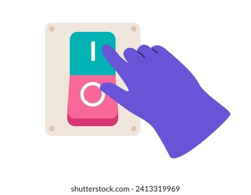 Hand turn on toggle switch. Electric control. Turning on lights. Colorful vector illustration
