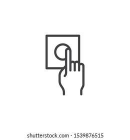 Hand turning dimmer switch line icon. linear style sign for mobile concept and web design. Pushing Electric switch button outline vector icon. Symbol, logo illustration. Vector graphics