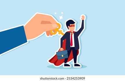 A hand is turning a key on the back of a businessman acting as a super businessman, illustrating a company leader creating dedicated and disciplined employees