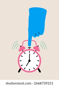 Mano apagando el despertador. Ilustración vectorial colorida
