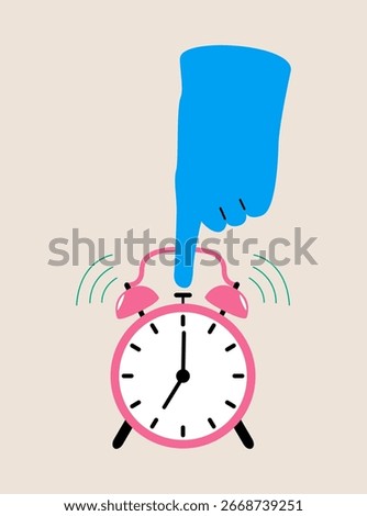 Hand turning off alarm clock. Colorful vector illustration

