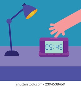 Hand turning off digital alarm clock kept on table near lamp in bedroom. Switch off an alarm from bed. Productivity, morning routine, fitness, motivation, study, exercise. Flat vector illustration.