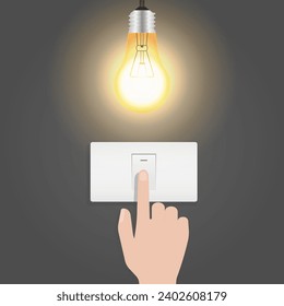 Hand Turning Off Light Switch. Saving Electricity and Energy Concept. Vector Illustration. 