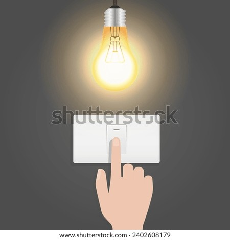 Hand Turning Off Light Switch. Saving Electricity and Energy Concept. Vector Illustration. 