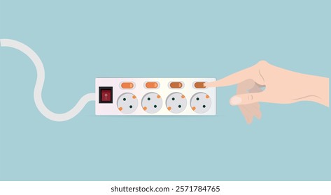 Hand turning off a power strip. A reminder of the importance of disconnecting devices when not in use to reduce energy consumption.