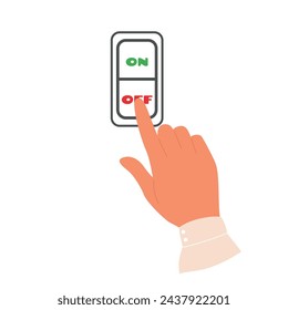 Hand turning off switch for energy saving. Save energy concept. Finger pressing electric button. Vector
