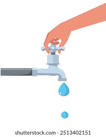hand is turning off the tap to save water. Conserve water stock illustration
