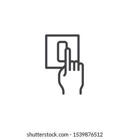 Hand turning on the light line icon. linear style sign for mobile concept and web design. Finger pressing power switch outline vector icon. Symbol, logo illustration. Vector graphics