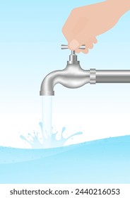 Hand Turning On and Off  the Faucet. Save Water or Water Conservation Concept. World Water Day and Environment day. Vector Illustration.