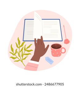 Mano que da vuelta a la página del libro abierto, la mujer que lee el libro de papel o la revista Ilustración vectorial