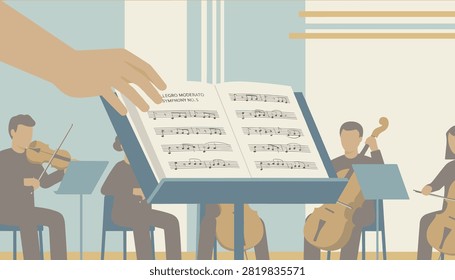 Hand turning page of sheet music on stand during orchestra rehearsal session.