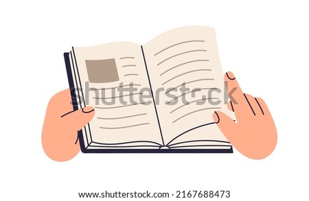 Hand turning pages of open paper book. Readers students fingers holding abstract literature, reading, studying. Education, knowledge concept. Flat vector illustration isolated on white background