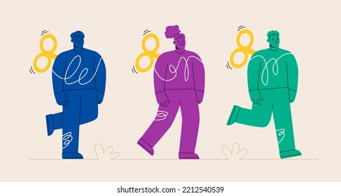 Hand turning winder on man and woman person's back. Control concept. Colorful vector illustration 
