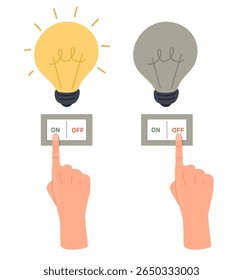 A mão acende a luz. Desligando a lâmpada para economizar eletricidade. Comando elétrico de comutação. Consumo consciente. Botão de braço. Interruptor pressionando. Desativar lanterna