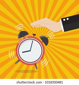Hand turns off the alarm clock. Vector illustration