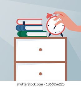 Woman’s Hand turns off the alarm clock, waking up in the morning. Vector illustration in flat style