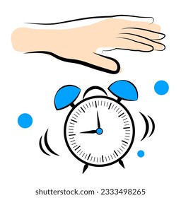 La mano apaga la alarma. Es hora de levantarse. ¡Buenos días! Ilustración vectorial en estilo doodle.