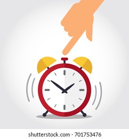 Hand turns off red alarm clock. Time to wake up concept. Vector illustration.