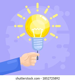 La mano enciende la bombilla de ideas. Innovación, creatividad o inspiración. Ilustración vectorial de estilo moderno
