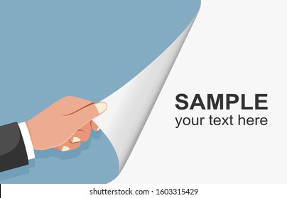 Hand turns page on white background. Hand turning empty page. 