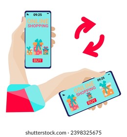 The hand turns the smartphone from a vertical position to a horizontal one,  design of your phone is adaptive, the illustration is in a flat style. Shopping Online. Online gift shop for holidays