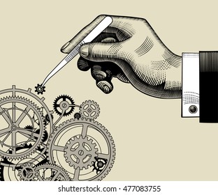 Hand with tweezers and gear wheels of clockwork. Vintage stylized drawing. Vector Illustration