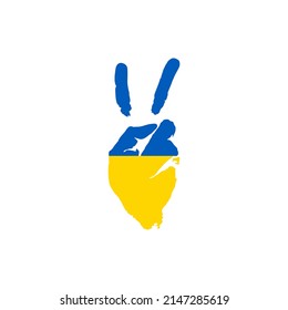 Hand mit zwei Fingerspitzen Geste in farbiger ukrainischer Nationalflagge als Symbol für den Sieg, den Sieg, die ausgezeichnete Kämpfe des Landes